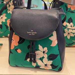 Kate Spade Leila Medium Flap Backpack Lily Blooms Green Multi Color